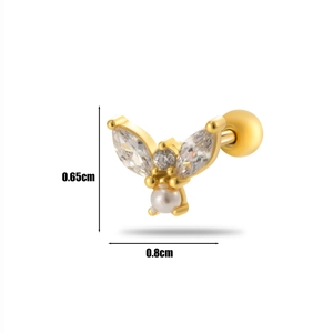 Macro view of gold bee earring with zircon wings and pearl body showing 0.8cm width