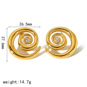 Golden swirl stud earrings with center diamond-like crystal in polished stainless steel