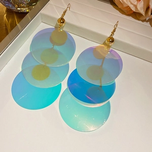 Boucles d'oreilles chic à trois couches de disques holographiques dégradé bleu-vert