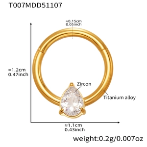 Detailed view of titanium alloy nose ring with drop-shaped zircon and size dimensions