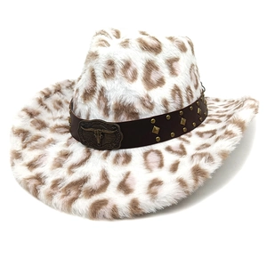 Detail of leopard print fedora hat featuring a metal bull skull buckle and gold studs