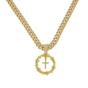 Men Hip Hop Iced Out Cross Pendant Necklace Thorns Crown Zinc Alloy Rhinestone Cuban Link Chain Cool Streetwear