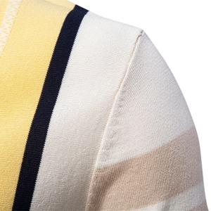 Men's striped jacquard knit polo shirt with yellow black and beige textured stitching