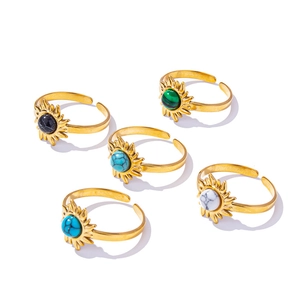 Adjustable 304 stainless steel rings with colorful round gemstone inlays and sunburst pattern
