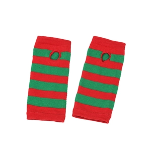 Detail of red and green striped knit arm warmers with thumb holes for Christmas cosplay