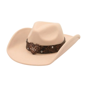 Beige wool western cowboy hat with heart metal buckle and rhinestone hatband detail