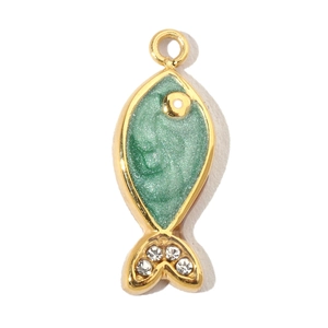 Detail of fish-shaped pendant with gold frame, green enamel, and sparkly white rhinestones
