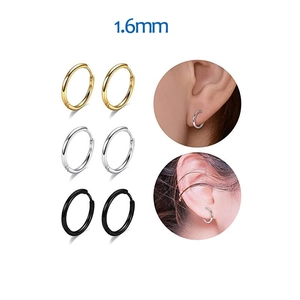 Detailed comparison of 1.6mm gold, silver, and black stainless steel hoop earrings with model view