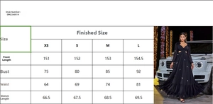 Detailed size chart for elegant deep V-neck evening gown with waist cut-outs