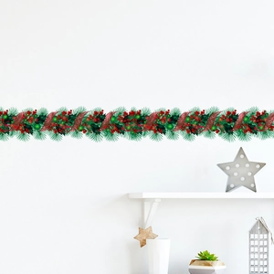 Sticker mural couronne de Noël avec aiguilles de pin vertes et baies rouges décoratives