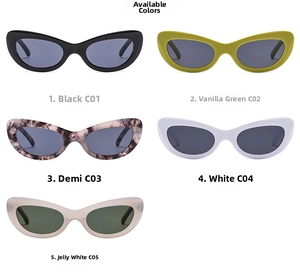 Vue détaillée de lunettes de soleil œil de chat en cinq couleurs dont noir et écaille
