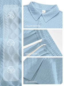 Detailed views of sky blue polo set collar, waist, and breathable jacquard fabric texture
