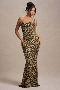 Detailed close-up of leopard print fabric and slim fit one-shoulder dress design