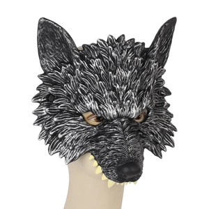 Black and silver wolf mask for cosplay and Halloween parties with realistic yellow tusks