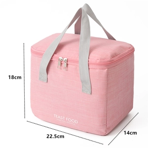 Pink cation oxford insulated lunch bag with gray handles and metal zippers 22.5x14x18cm