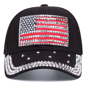 Black USA baseball cap with rhinestone American flag and studded brim for parties