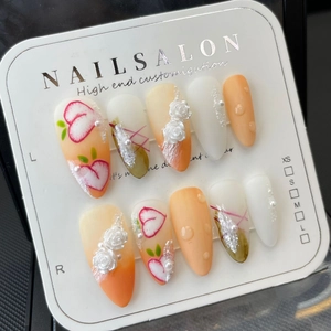 Handmade Press On Nails With 3D Relief White Rose Peach Pattern And Artificial Pearls Gradient Orange Sweet Style Artificial False Nails For Women