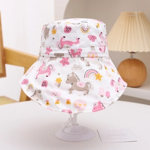 Detailed view of kids sun hat with cartoon pony print and adjustable chin strap