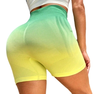 High-waisted seamless green and yellow gradient scrunch butt yoga shorts for women