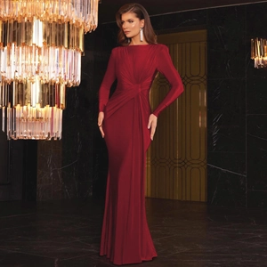 Elegant burgundy long sleeve evening gown with waist twist and pleated floor-length design