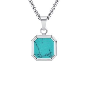 Detail of square turquoise pendant in silver stainless steel frame on box chain