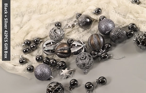 Detailed set of 42 black and silver Christmas tree ornaments in various textured finishes