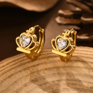 Golden stainless steel heart crown huggie hoop earrings with sparkling cubic zirconia