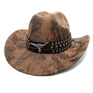 Detail eines Western-Cowboyhuts mit silberner Bullenkopf-Schnalle und Metallnieten