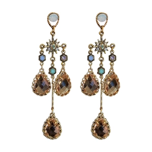 Vintage gold water-drop tassel earrings with crystals and sparkling star motifs
