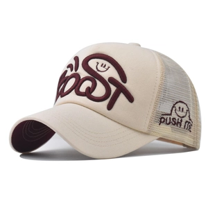 Beige washed cotton mesh trucker hat with red BOOST 3D embroidery and side smile graphic