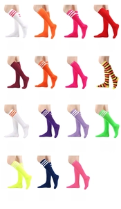 Detailed grid showing vibrant multi-colored knee-high striped socks in various shades