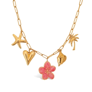 Stainless Steel 18K Gold Plated Pendant Necklace With Starfish Heart Pink Flower Seashell Palm Tree Vacation For Women