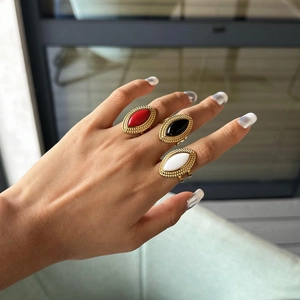 Vintage 18k gold plated stainless steel rings featuring marquise onyx and colorful stones