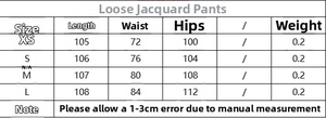 Size chart for loose jacquard trousers showing length waist and hip measurements in cm