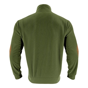 Detail of army green ribbed knit jacket with brown suede elbow patches from back view