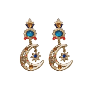 Vintage celestial moon and star drop earrings with enamel and pearls for women