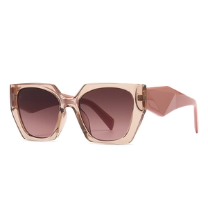 Modern geometric sunglasses with transparent pink frame and gradient brown lenses UV400