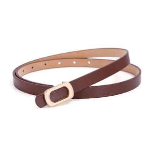 Women's slim dark brown faux leather belt featuring a classic golden oval metal buckle