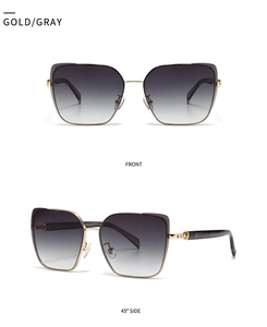 Detail showing the square gold metal frame and gradient gray lenses from front and side angles