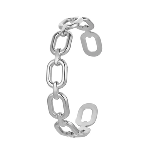Polished stainless steel chain link open cuff bracelet in a minimalist silver finish