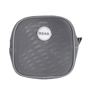 Gray summer mesh cosmetic bag with contrast trim and Bear patch for travel toiletries