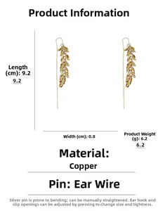 Detailed size specifications for gold leaf long tassel earrings in copper material