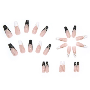 Long ballerina press on nails with French tips, gold glitter, and pink base set