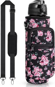 Detail of floral SBR neoprene bottle sleeve with zipper pocket and adjustable strap
