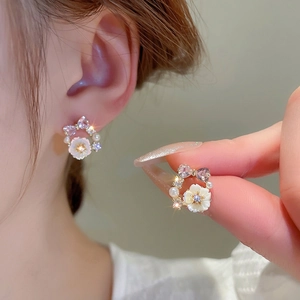 Flower Bow Stud Earrings With Rhinestone Purple Heart Crystal Faux Artificial Pearl Shell And Silver Earring Post Sweet Elegant Women