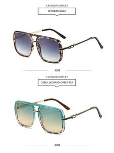 Detail view of leopard and green texture square sunglasses with metal temple accents