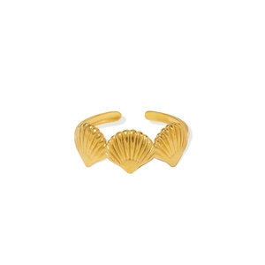 Adjustable 18K gold plated stainless steel open ring with three seashell charms
