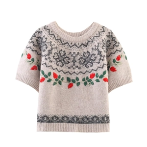 Women Retro Knit Short Sleeve Sweater Floral Embroidery Round Neck Fair Isle Jacquard Elegant Vintage Top