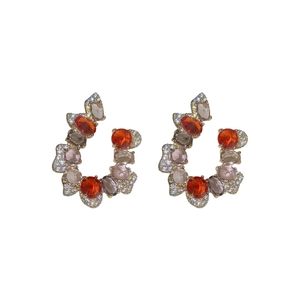 Rainbow C-shaped hoop earrings with colorful gemstones and crystals in silver finish