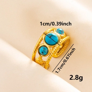 Adjustable golden stainless steel ring with three turquoise stones and rope texture